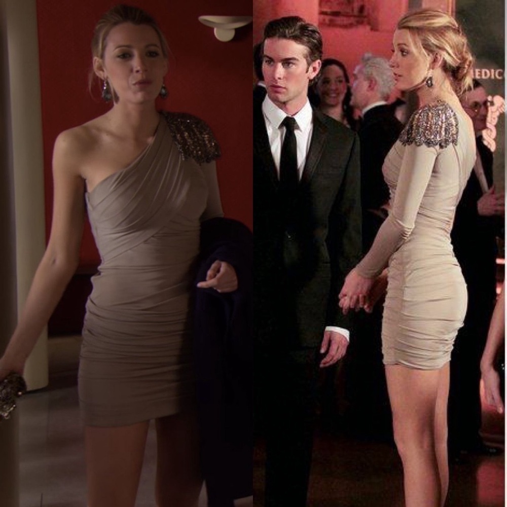 ASO SERENA VAN DER WOODSEN One-Shoulder Beige Dress - Picture 2 of 12